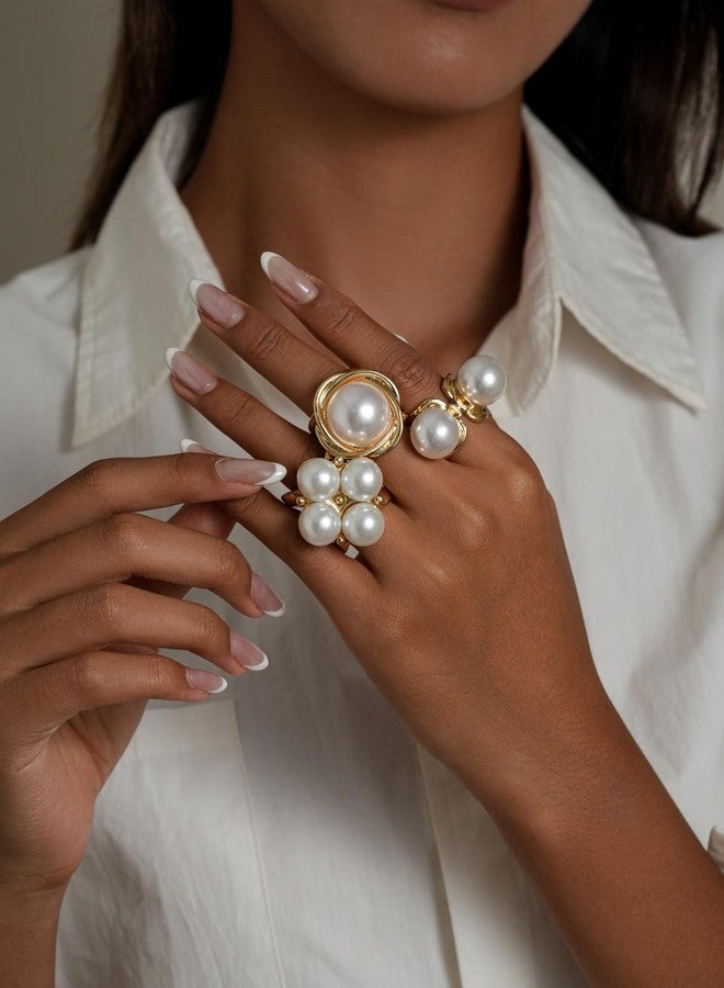 MIFYNN خواتم MIFYNN المرصعة باللؤلؤ للنساء، بتصميم عصري ذهبي اللون، بتصميم قبة سميكة قابلة للتكديس، مفتوحة، عصرية وفريدة من نوعها، خواتم كبيرة للمفاصل، هدية مجوهرات مميزة لحفلات التخرج، مصنوعة من النحاس، بدون أحجار كريمة. - Image 3