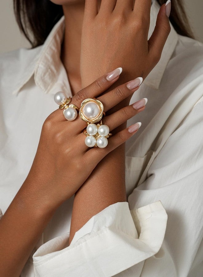 MIFYNN خواتم MIFYNN المرصعة باللؤلؤ للنساء، بتصميم عصري ذهبي اللون، بتصميم قبة سميكة قابلة للتكديس، مفتوحة، عصرية وفريدة من نوعها، خواتم كبيرة للمفاصل، هدية مجوهرات مميزة لحفلات التخرج، مصنوعة من النحاس، بدون أحجار كريمة. - Image 2