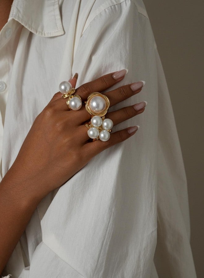 MIFYNN خواتم MIFYNN المرصعة باللؤلؤ للنساء، بتصميم عصري ذهبي اللون، بتصميم قبة سميكة قابلة للتكديس، مفتوحة، عصرية وفريدة من نوعها، خواتم كبيرة للمفاصل، هدية مجوهرات مميزة لحفلات التخرج، مصنوعة من النحاس، بدون أحجار كريمة. - Image 4