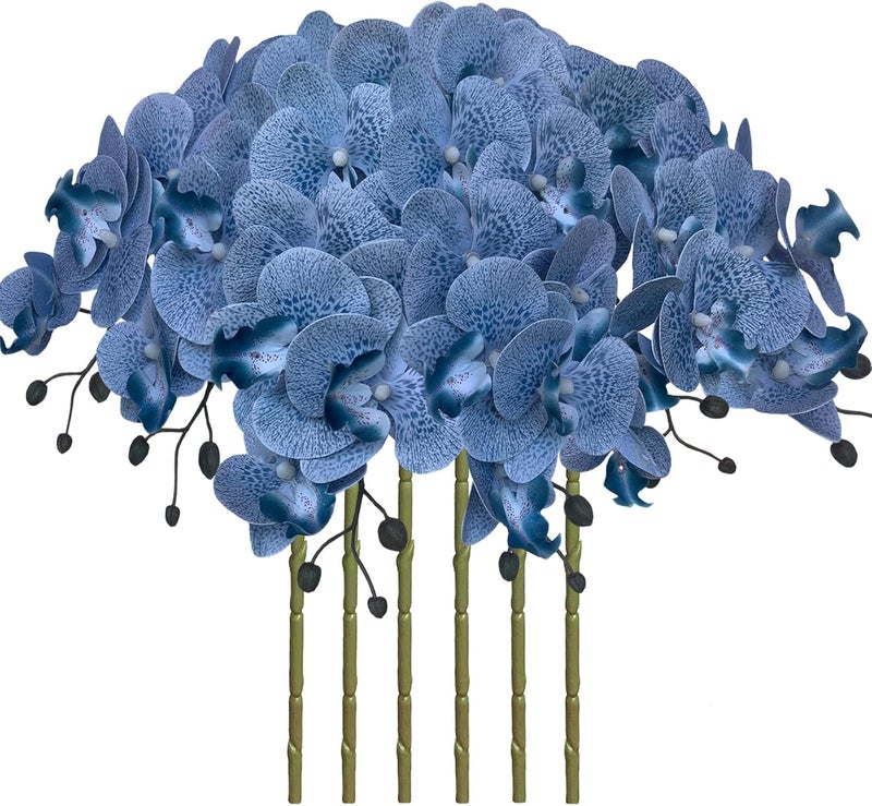 FagusHome 32 Inch Artificial Phalaenopsis Flowers 6 Pcs Artificial Orchid Flowers Stem Plants for Home Décor (Blue Piebald), FH1000143 - Image 1