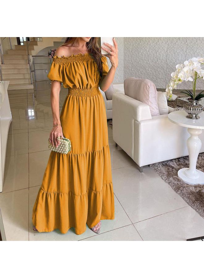 European And American Women's Clothing Summer Off-neck Short Sleeve Solid Color Long Dress