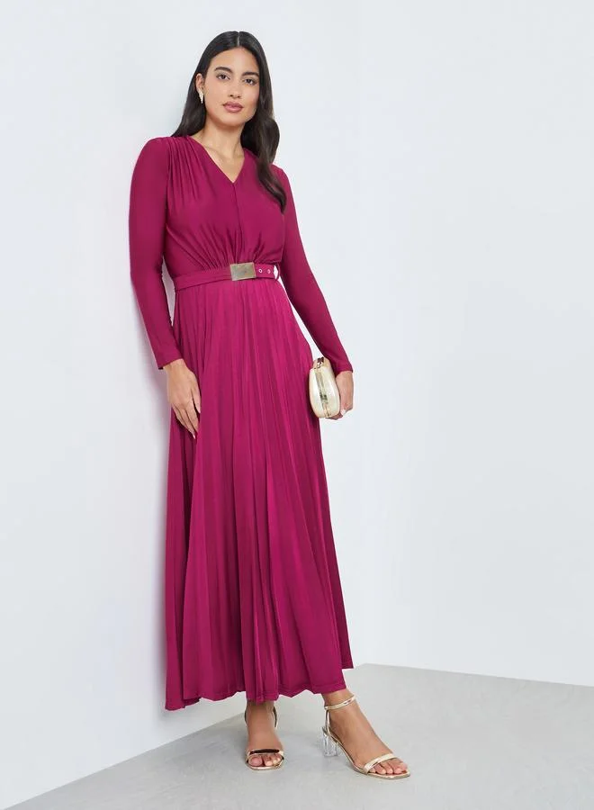 Magenta Satin Pleated A-Line Maxi Dress