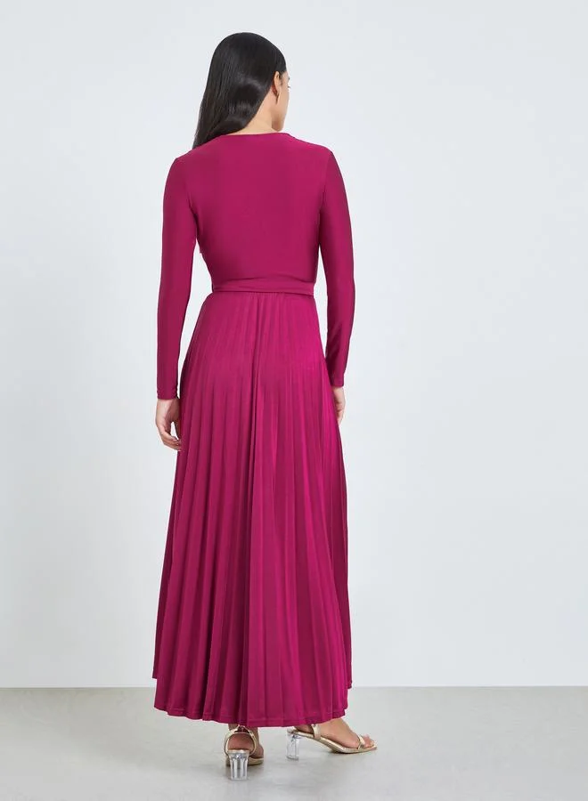 Styli  Magenta Satin Pleated A-Line Maxi Dress for Women | Best Price UAE
