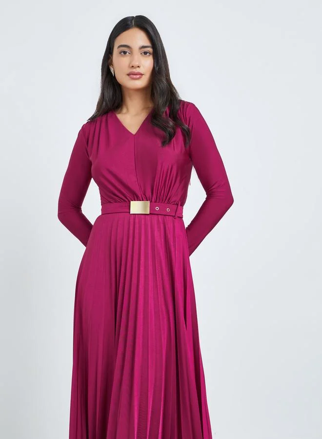 Styli Magenta Satin Pleated A-Line Maxi Dress