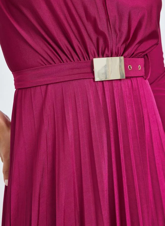 Styli  Magenta Satin Pleated A-Line Maxi Dress for Women | Best Price UAE