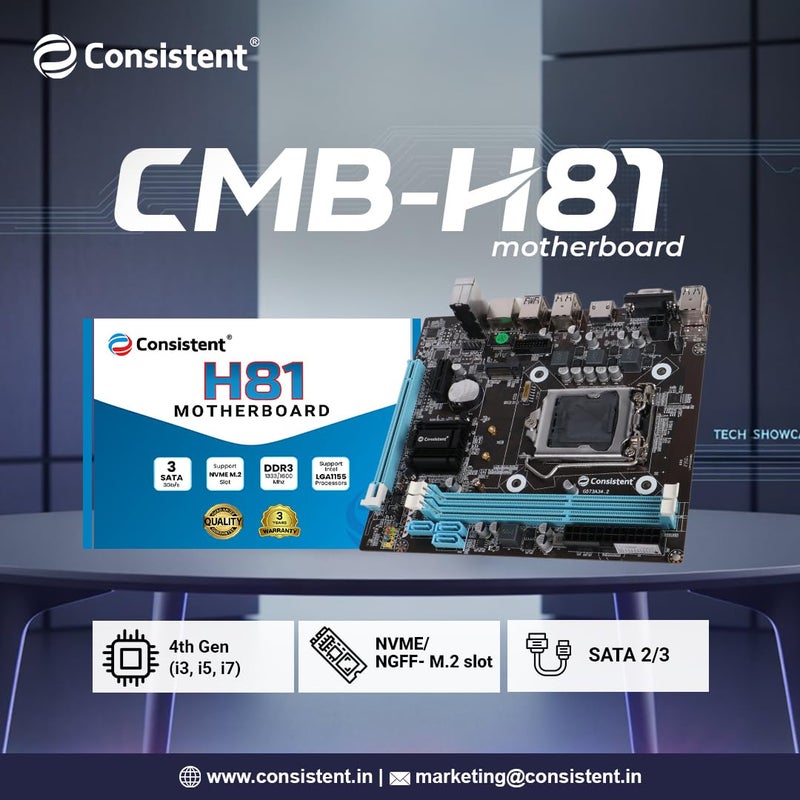 Consistent H-81 Motherboard 4th Gen i3, i5, i7, DDR3 Slots for RAM, Motherboard with SATA II&III, 3Year Warranty - Image 4