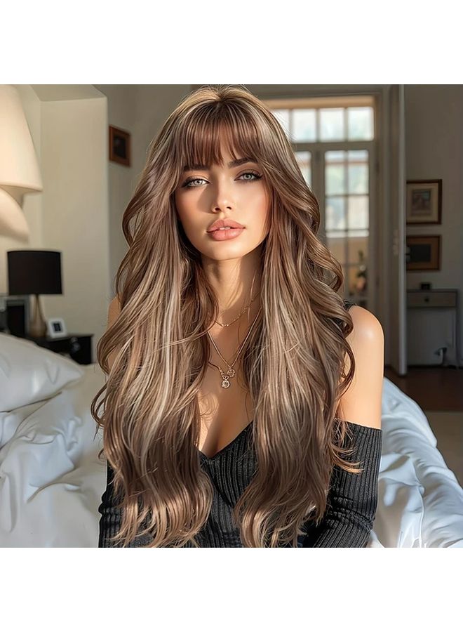 شعر مستعار مموج بألوان مختلطة بطول 28 بوصة يشبه الفراشة مع غرة للنساء من الشعر الصناعي للمناسبات اليومية والحفلات - Image 1