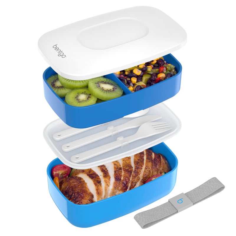Bentgo Classic - Adult Bento Box, Stackable 3-Compartment Lunch Box with Removable Utensil Set and Sealing Strap, BPA-Free, Food Container Ideal for Meal Prep, Work, and On the Go (Blue) - Image 1