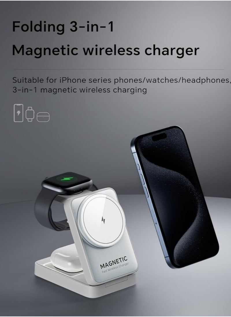 ecomax - 【Magnetic 3in1 Foldable Wireless Charger For IPhone】【Middle Level】Travel Magnetic Charger Station, Nightlight, Foldable, Wireless Charging; Compatible with Magsafe Charger&iPhone 16/15/14/13&Apple Watch&AirPods - Image 1
