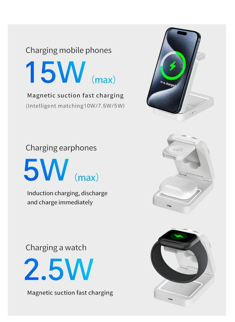 ecomax - 【Magnetic 3in1 Foldable Wireless Charger For IPhone】【Middle Level】Travel Magnetic Charger Station, Nightlight, Foldable, Wireless Charging; Compatible with Magsafe Charger&iPhone 16/15/14/13&Apple Watch&AirPods - Image 1