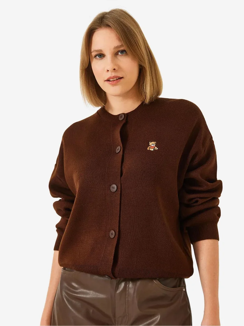 Bianco Lucci Dark Mocha Brown LUCCI Embroidered Button-Up Ribbed Cardigan for Women | Best Price UAE