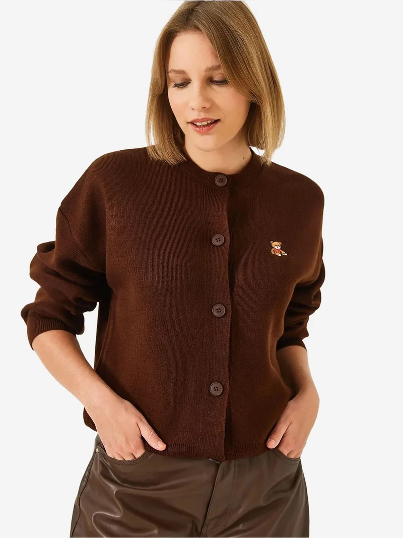 Bianco Lucci Dark Mocha Brown LUCCI Embroidered Button-Up Ribbed Cardigan for Women | Best Price UAE