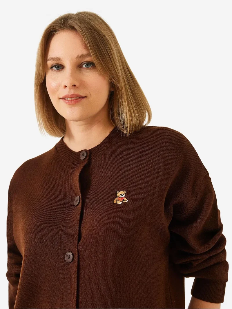 Bianco Lucci Dark Mocha Brown LUCCI Embroidered Button-Up Ribbed Cardigan for Women | Best Price UAE