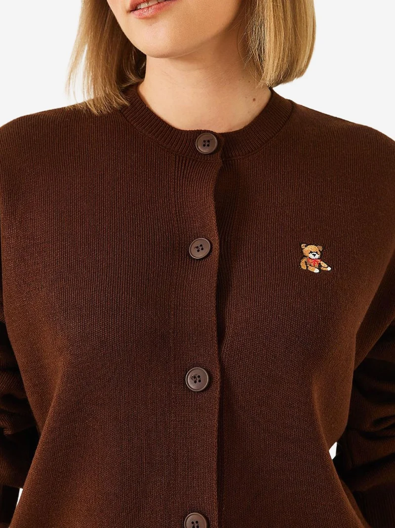 Bianco Lucci Dark Mocha Brown LUCCI Embroidered Button-Up Ribbed Cardigan for Women | Best Price UAE