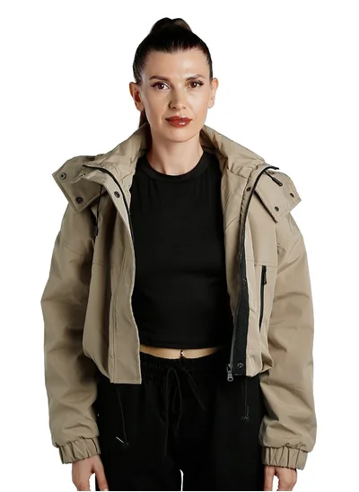 London Rag Drawstring Cropped Woven Jacket in Khaki
