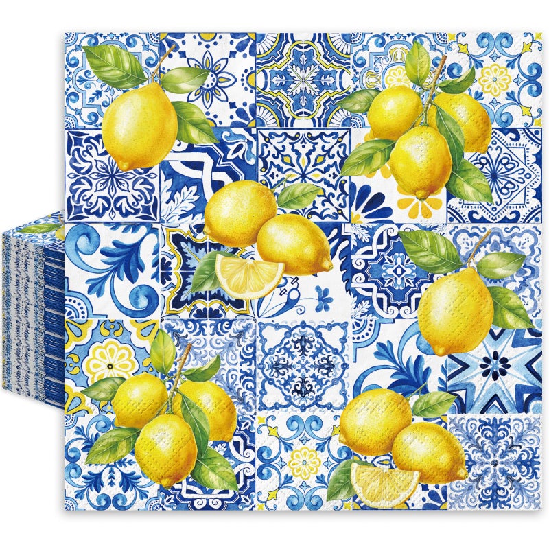 JarThenaAMCS 80Pcs Tiles Lemons Paper Napkins Blue Yellow Disposable Napkins Decorative Dinner Napkins Luncheon Napkins for Party Supplies Table Decor