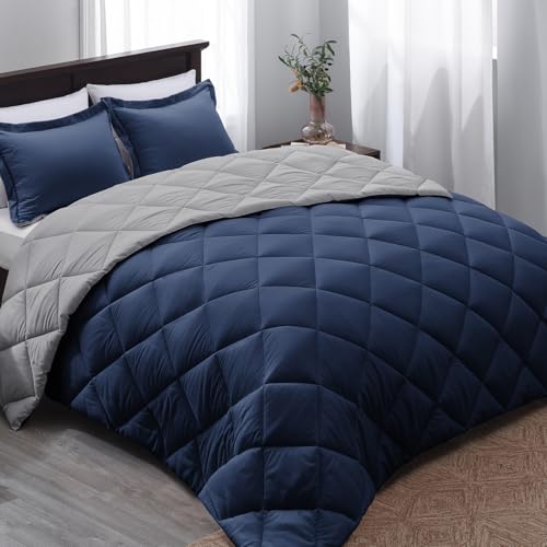 Basic Beyond Full Size Comforter Set - Navy and Grey Comforter Set Full, Reversible Comforter Full Size Set, 1 Comforter (82"x92") and 2 Pillow Shams (20"x26"+2") - Image 1