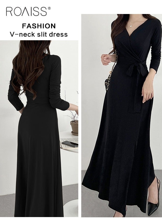 رويس فستان ميدي للنساء بفتحة عالية، ورقبة على شكل V، وتصميم يبرز الخصر، فستان أنيق وعصري للسيدات، مثالي للارتداء اليومي والحفلات أو أي نشاط خارجي. - Image 2