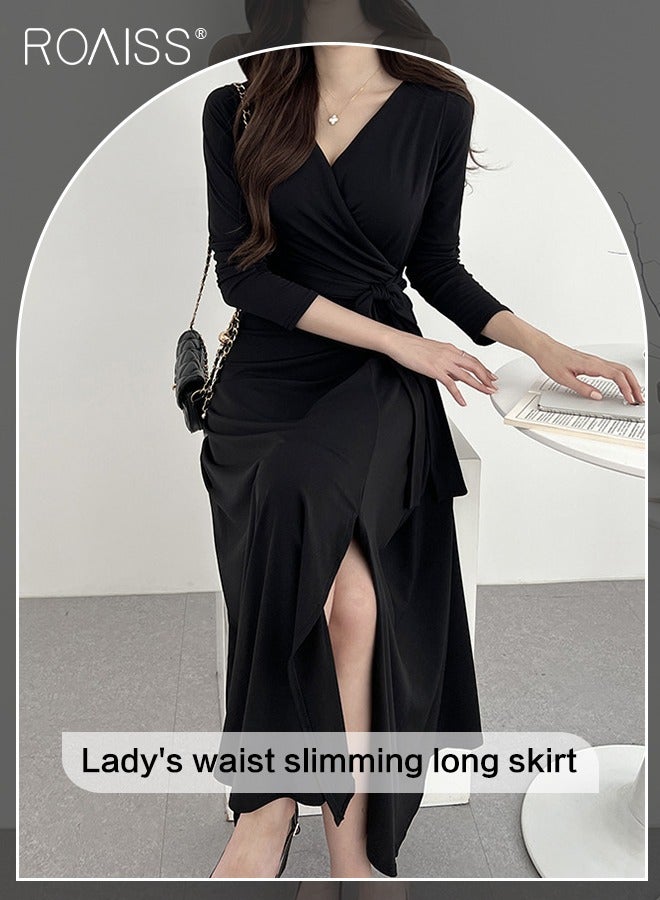 رويس فستان ميدي للنساء بفتحة عالية، ورقبة على شكل V، وتصميم يبرز الخصر، فستان أنيق وعصري للسيدات، مثالي للارتداء اليومي والحفلات أو أي نشاط خارجي. - Image 3