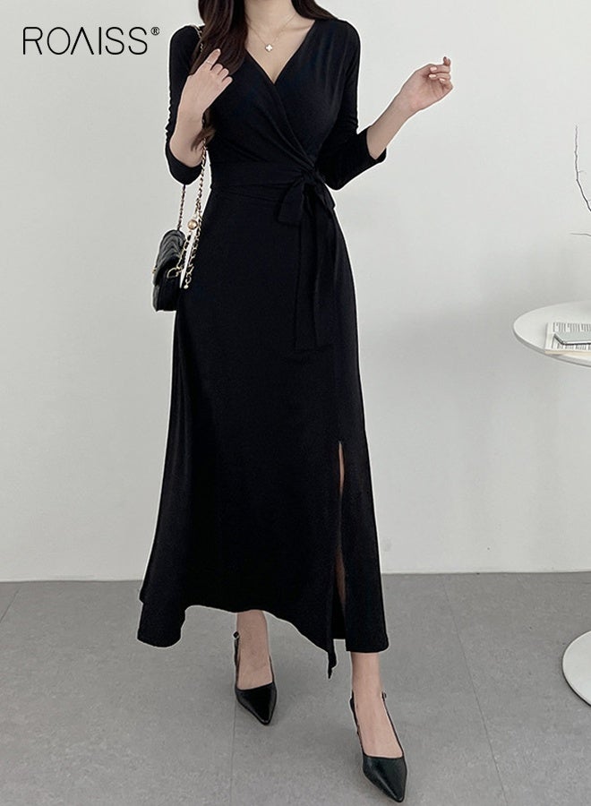 رويس فستان ميدي للنساء بفتحة عالية، ورقبة على شكل V، وتصميم يبرز الخصر، فستان أنيق وعصري للسيدات، مثالي للارتداء اليومي والحفلات أو أي نشاط خارجي. - Image 1