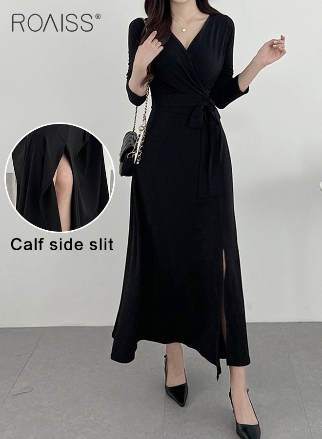 رويس فستان ميدي للنساء بفتحة عالية، ورقبة على شكل V، وتصميم يبرز الخصر، فستان أنيق وعصري للسيدات، مثالي للارتداء اليومي والحفلات أو أي نشاط خارجي. - Image 4