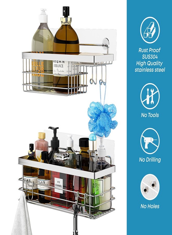 KESOL Shower Caddy and Soap Dish with Hooks Shower Shelf Organizer, No Drilling Adhesive Wall Mounted Bathroom Shelf, Rustproof SUS304 Stainless Steel (2 Pack), Silver - Image 2