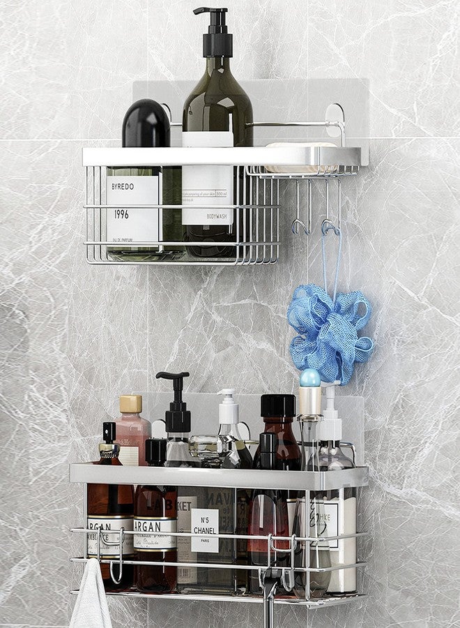 KESOL Shower Caddy and Soap Dish with Hooks Shower Shelf Organizer, No Drilling Adhesive Wall Mounted Bathroom Shelf, Rustproof SUS304 Stainless Steel (2 Pack), Silver - Image 1