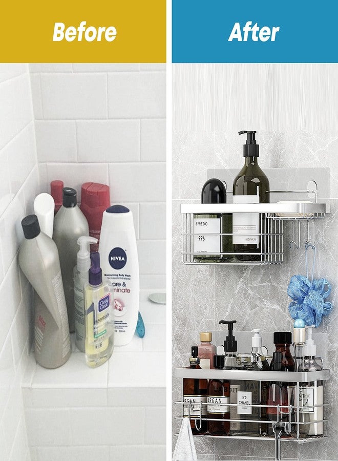 KESOL Shower Caddy and Soap Dish with Hooks Shower Shelf Organizer, No Drilling Adhesive Wall Mounted Bathroom Shelf, Rustproof SUS304 Stainless Steel (2 Pack), Silver - Image 5