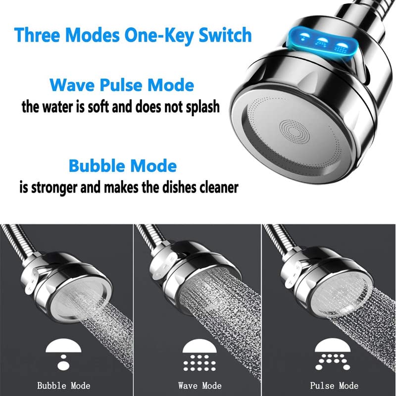 OLWICK 1 Pcs Movable 3 Modes Adjustable Kitchen Faucet Sprayer Head with Hose 360 Rotatable Water Saving Faucet Anti Splash Power Spray Tap and Bubbler Connector for Kitchen LongHard Nozzle - Image 5