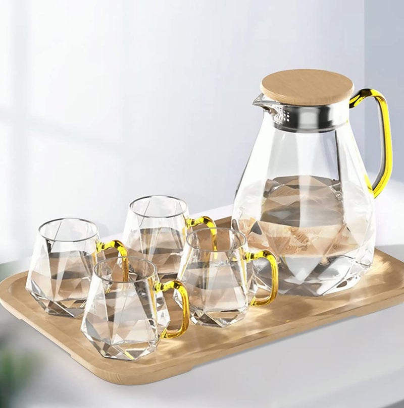 DUJUST Glass Pitcher Set 68 oz with 4 Cups  1 Tray Elegant Diamond Design Water Pitcher with Handle High Durability Glass Jug for Fridge Glass Carafe for Iced TeaJuiceBeverageCoffeeDrinks