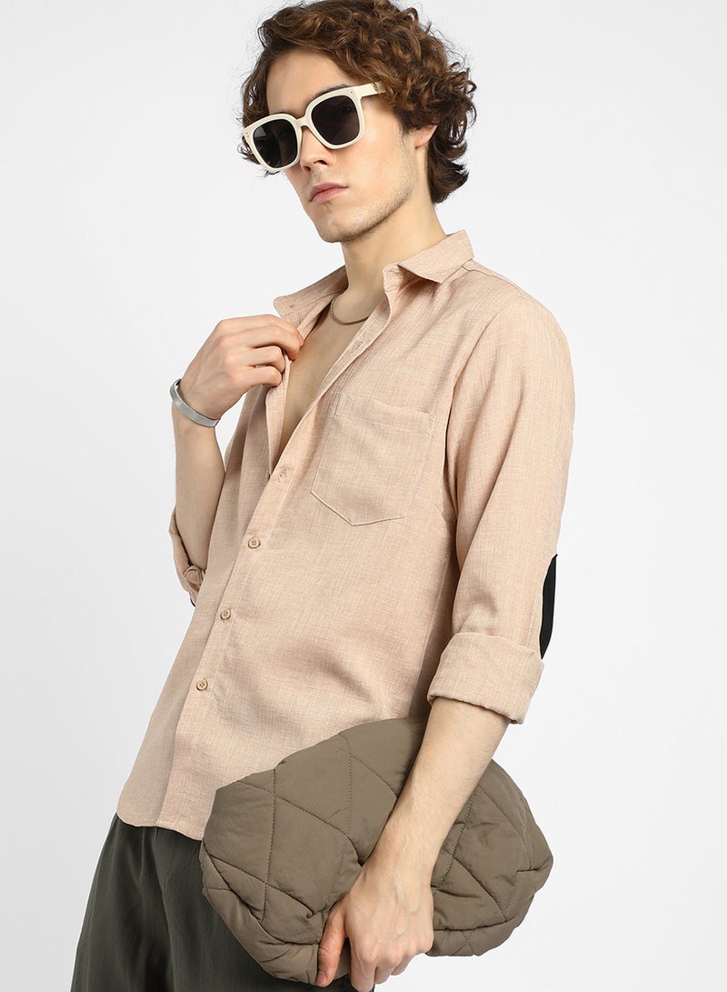 Campus Sutra Men's Buff Beige Cubic Velvet Utility Shacket - Image 1