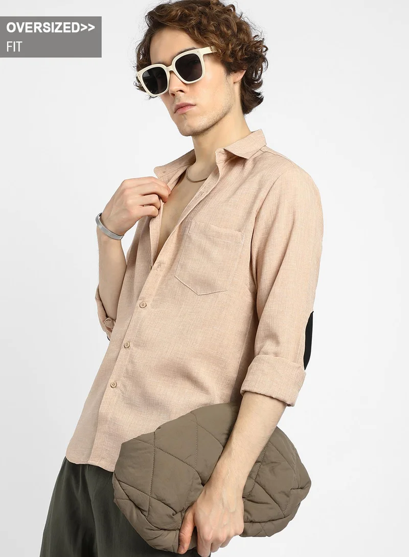 Campus Sutra Men's Buff Beige Cubic Velvet Utility Shacket