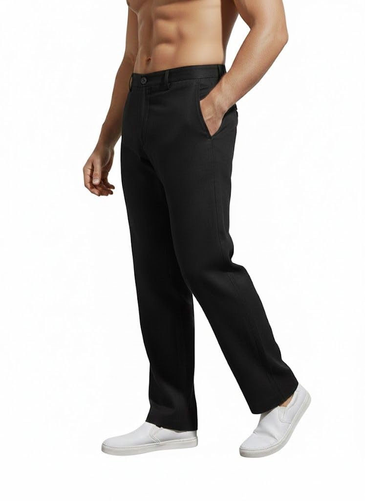 SMOWKLY Casual Trousers for Men |Men’s Regular Fit Straight Pants |Comfortable Stylish Trousers for Men |Soft Fabric Chinos for Everyday Wear, Travel & Office |Linen Cotton Bottom Wear(1692_BK_30) - Image 1