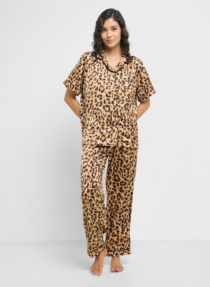 Ginger Satin Animal Print Shirt & Pyjama Set  - Image 1