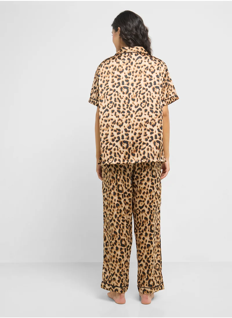 جينجر Satin Animal Print Shirt & Pyjama Set