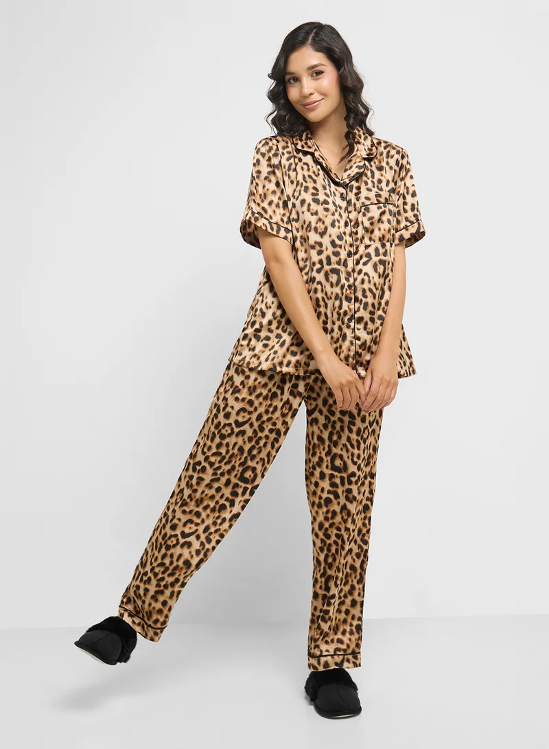 Ginger Satin Animal Print Shirt & Pyjama Set