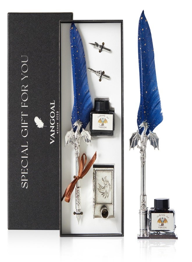 VANGOAL Dragon Quill Pen and Ink Set, Vintage Dragon Feather Pen with Novelty Pen Base, Retro Carving Dip Pen Calligraphy Pen Gift Set for Writing, Drawing(Dark Blue) - Image 1
