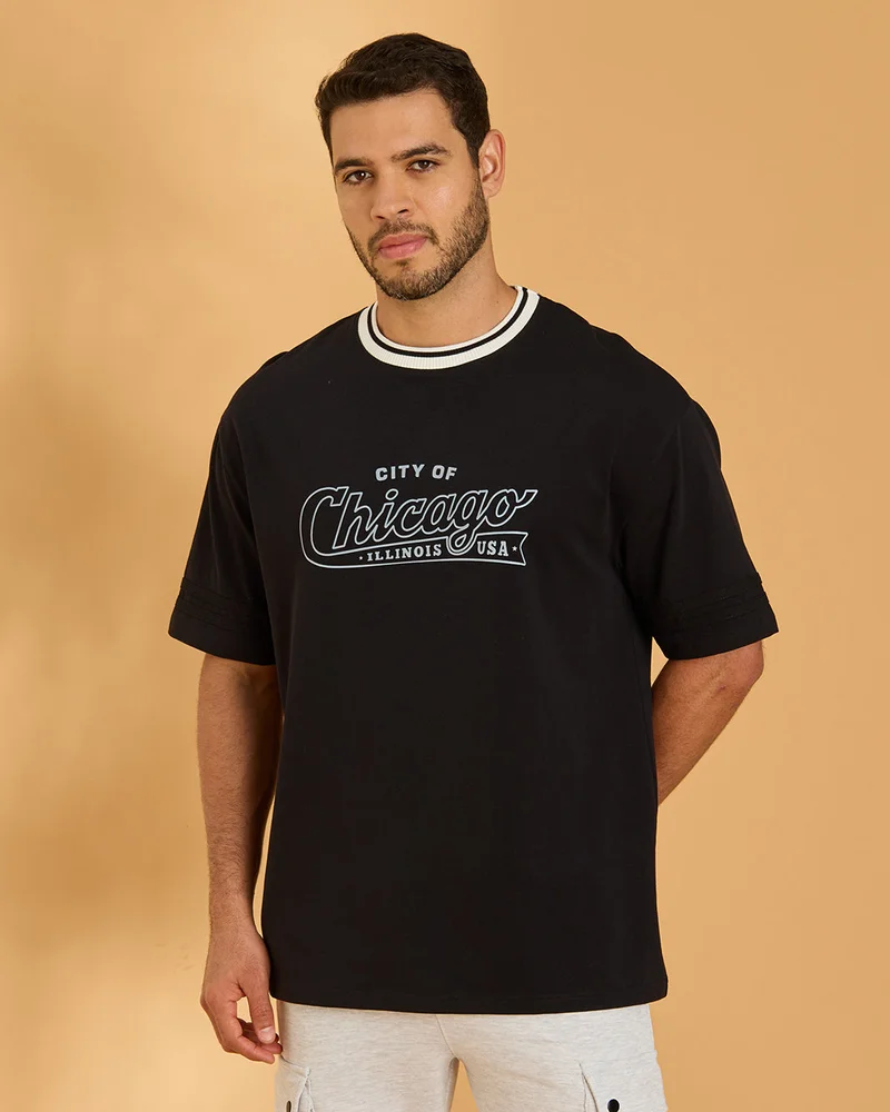 Redtag Men Black Printed T-Shirt