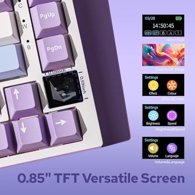 A-jazz AJAZZ AK820 PRO 75% GASKET-MOUNTED MECHANICAL KEYBOARD WITH TFT SCREEN, 3 MODES(BLUETOOTH 5.1/2.4G WIRELESS & TYPE-C WIRED), SOUND DAMPENING FOAMS (WHITE PURPLE, AJAZZ FLYING FISH SWITCH) - Image 2