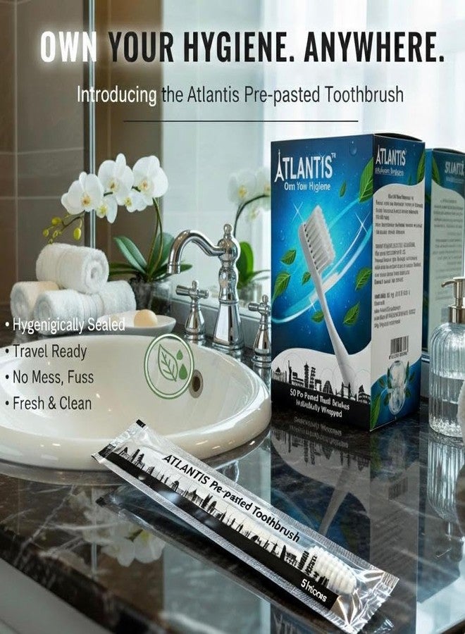 أتلانتيس فرشاة أسنان أتلانتس مُلصقة مسبقًا، مغلفة بشكل فردي، محكمة الإغلاق صحيًا، جاهزة للسفر، 50 قطعة - Image 2