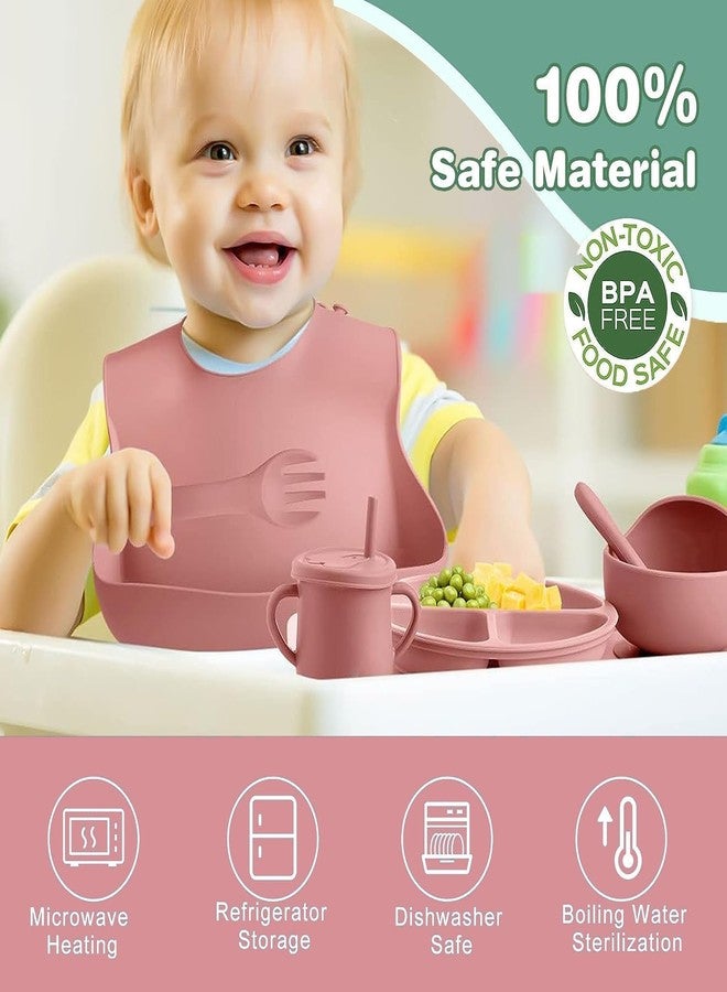 VPGS طقم تغذية الأطفال من VPGS، طقم فطام الأطفال، طقم أدوات مائدة الأطفال، وعاء شفط، طبق مقسم، ملعقة وشوكة، مريلة قابلة للتعديل، مصنوع من السيليكون الغذائي (وردي) - Image 2