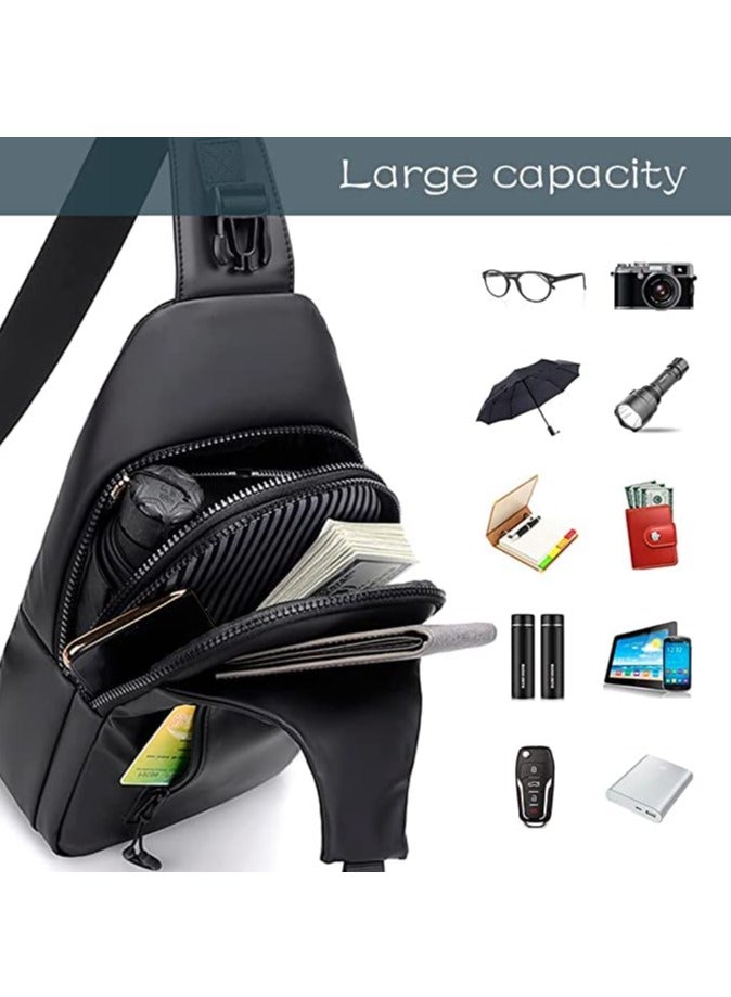 Crossbody Bag Casual Shoulder Bag for Men and Women Waterproof Leather Backpack Business Chest Bag with USB Charging Port for Travel Hiking (Black)  - Image 2
