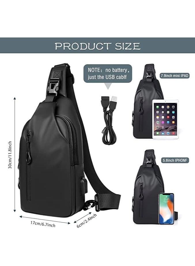 Crossbody Bag Casual Shoulder Bag for Men and Women Waterproof Leather Backpack Business Chest Bag with USB Charging Port for Travel Hiking (Black)  - Image 4
