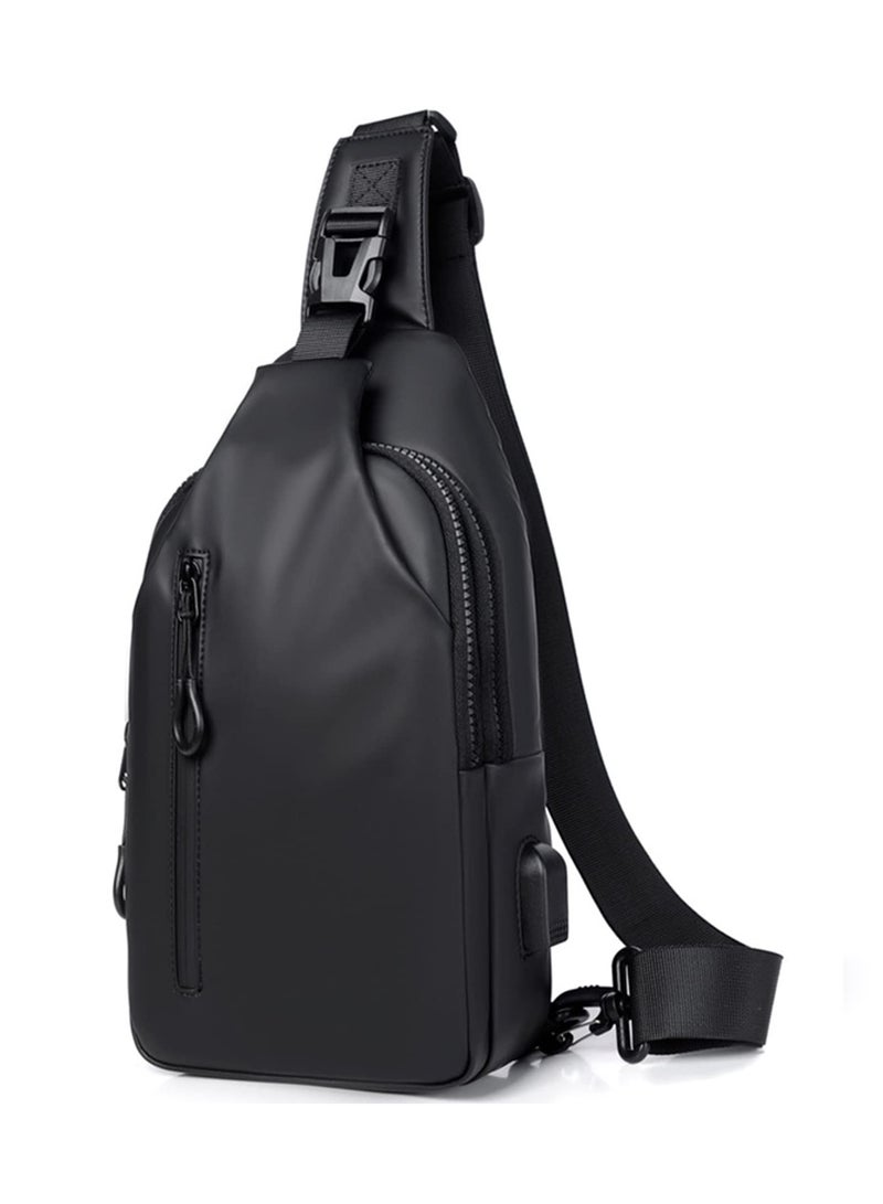 Crossbody Bag Casual Shoulder Bag for Men and Women Waterproof Leather Backpack Business Chest Bag with USB Charging Port for Travel Hiking (Black)  - Image 1