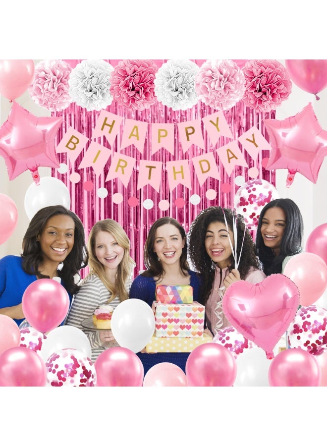 Mordely Pink Birthday Party Decorations for Girls Women Happy Birthday Banner Light Pink and White Balloons party decor Pom pom Flower Confetti Ribbons Foil Fringe Curtain - Image 4
