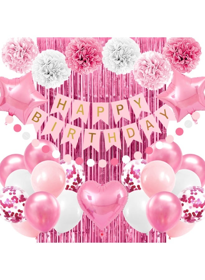 Mordely Pink Birthday Party Decorations for Girls Women Happy Birthday Banner Light Pink and White Balloons party decor Pom pom Flower Confetti Ribbons Foil Fringe Curtain - Image 1