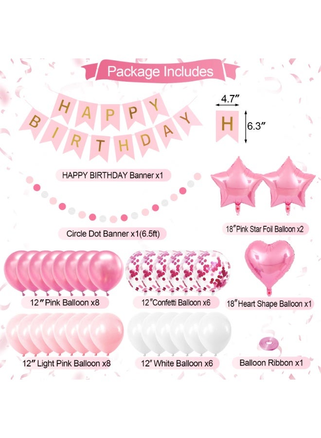 Mordely Pink Birthday Party Decorations for Girls Women Happy Birthday Banner Light Pink and White Balloons party decor Pom pom Flower Confetti Ribbons Foil Fringe Curtain - Image 2