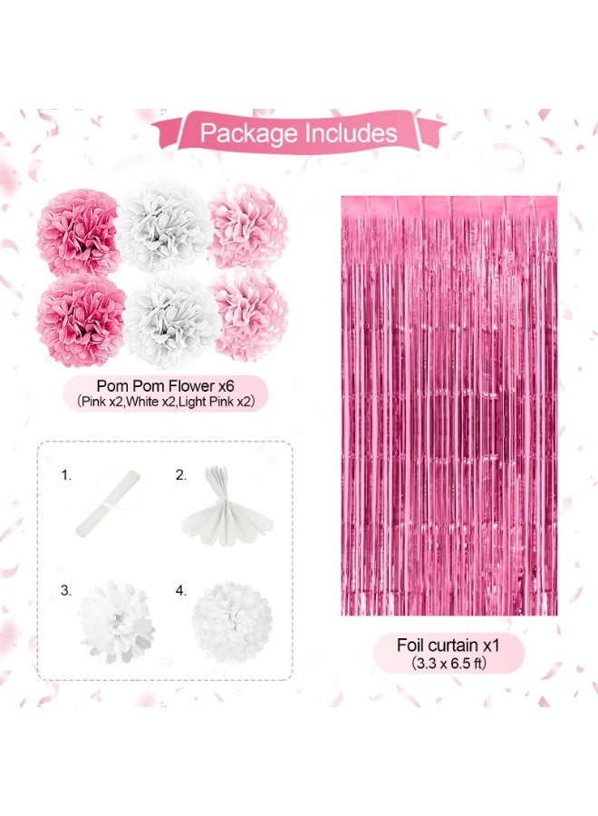 Mordely Pink Birthday Party Decorations for Girls Women Happy Birthday Banner Light Pink and White Balloons party decor Pom pom Flower Confetti Ribbons Foil Fringe Curtain - Image 3