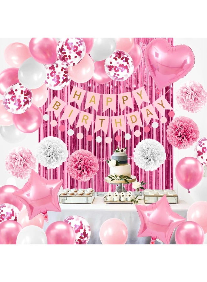 Mordely Pink Birthday Party Decorations for Girls Women Happy Birthday Banner Light Pink and White Balloons party decor Pom pom Flower Confetti Ribbons Foil Fringe Curtain - Image 5