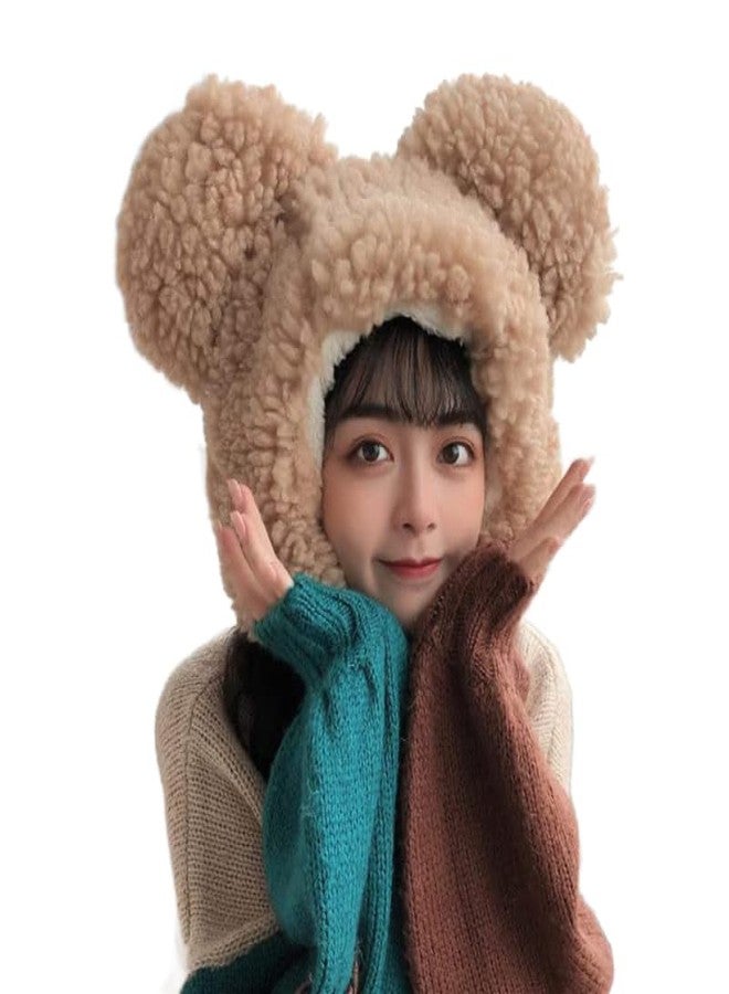 THE DDS STORE Cute Plush Faux Fur Animal Costume Boy Girl Hat Cap with Ear Flaps Soft Warm Fuzzy Bear Winter Hat Beanie for Girl Plush Knot Windproof Head for Boy's & Girl's |12-16 Years (Brown) - Image 1